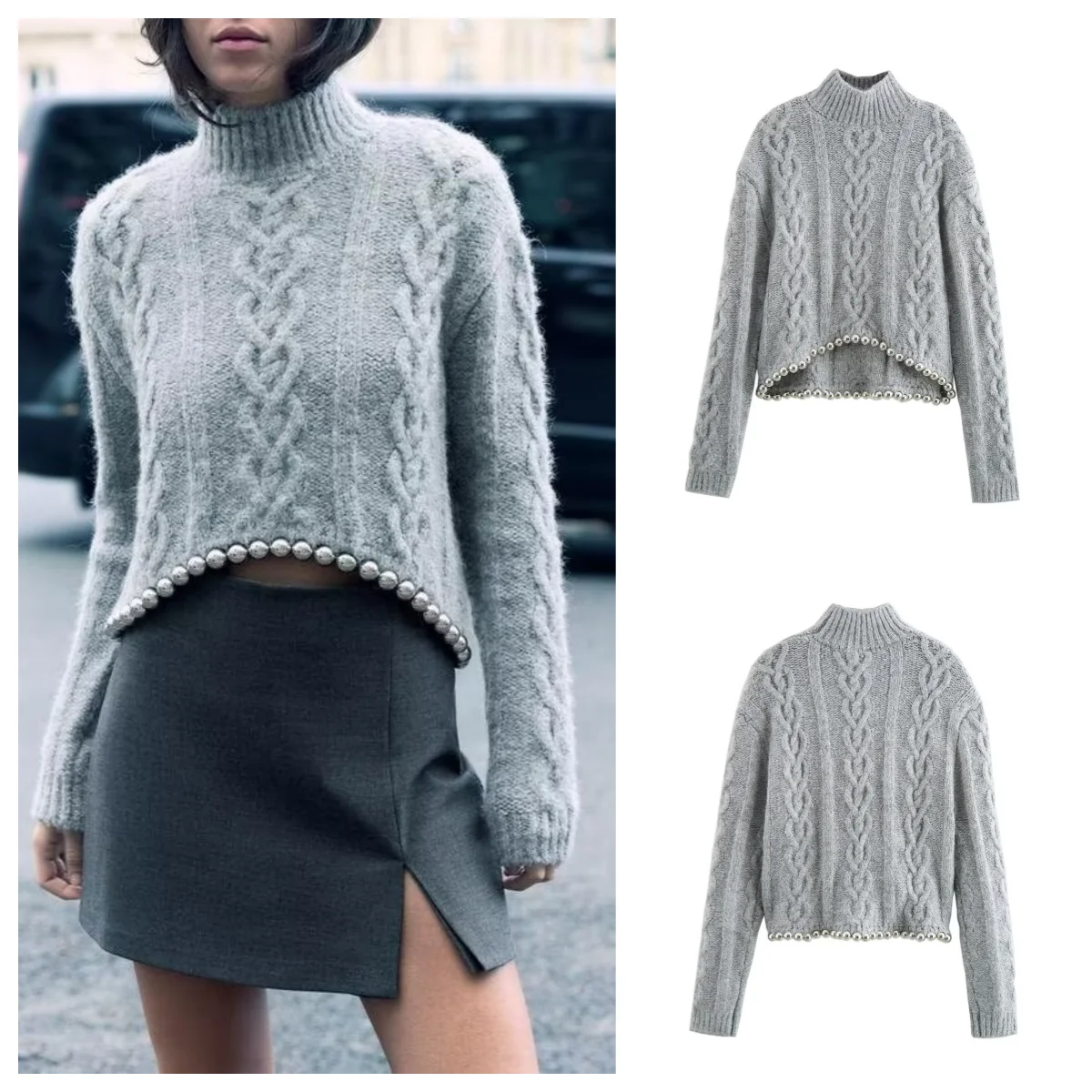 European and American style new high collar hem ball decoration design eight-strand woven pullover sweater