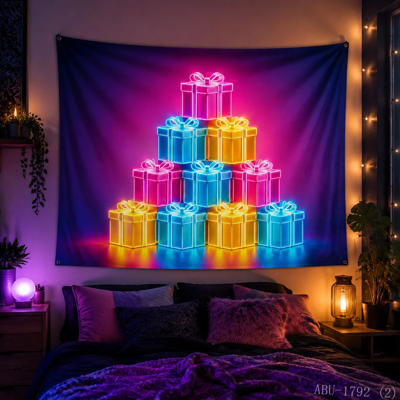 VIKAMA Neon Rainbow Gift Box Pyramid Purple Gradient Glow Present Water Reflection Christmas Tapestry Wall Hanging Bedroom Soft