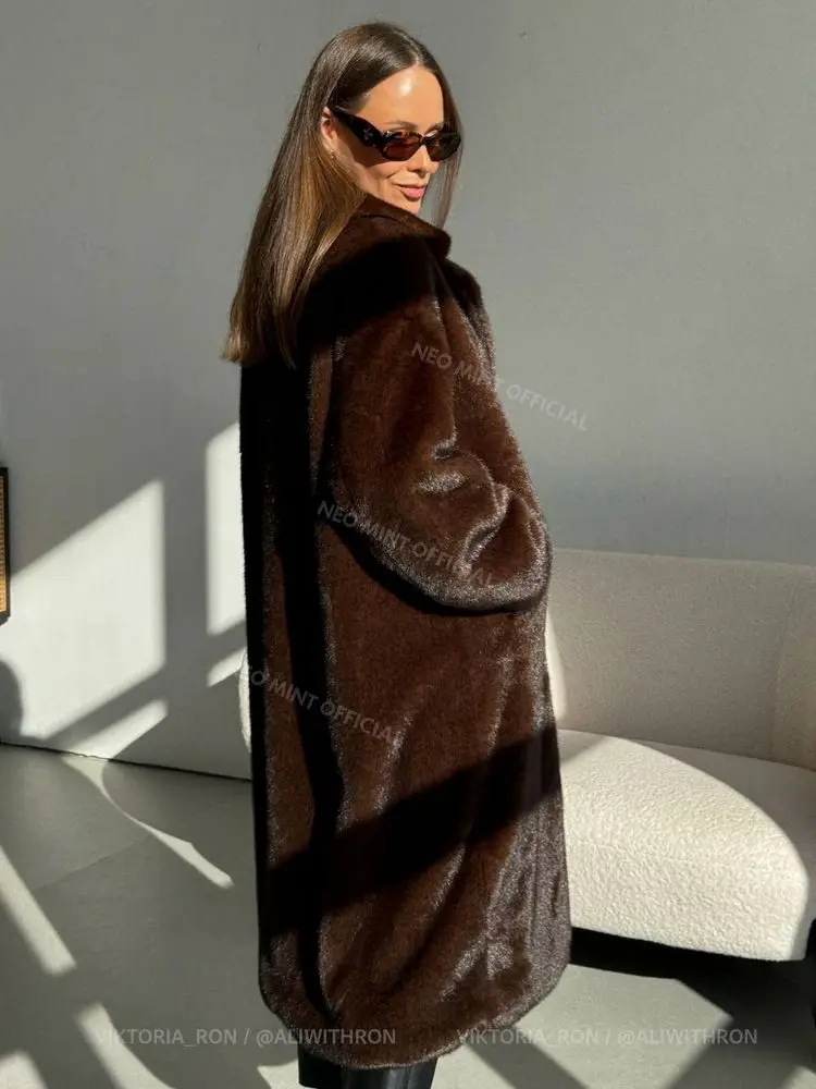 Neo Mint Luxury Faux Mink Fur Coat Women Iconic Brand 2024 Winter Long Outerwear Jacket Crystal Hooks Street Style Warm Overcoat