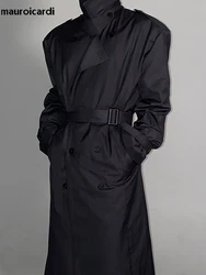 Mauroicardi Spring Autumn Cool Long Black Oversized Trench Coat Men Belt Double Breasted Loose Casual Windproof Outerwear 2022
