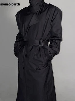 Mauroicardi Spring Autumn Cool Long Black Oversized Trench Coat Men Belt Double Breasted Loose Casual Windproof Outerwear 2022