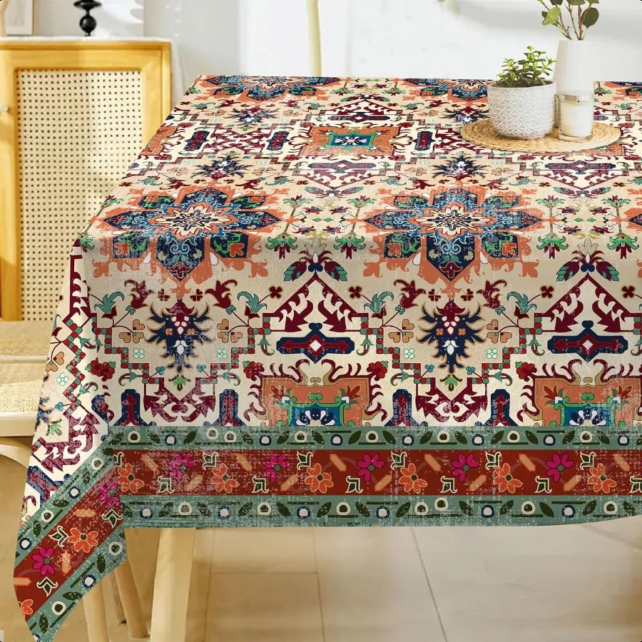 

Boho Tablecloth 60x120 Inches Rec Summer Rustic Waterproof Table Cloth for Kitchen Home Party Dinner Decorations