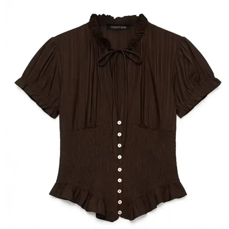 Bubble Sleeves Women Shirt Short Sleeved Top Bow Tie Drawstring Ruffle Edge Solid Color Slim Fit Summer Casual Commuting Top