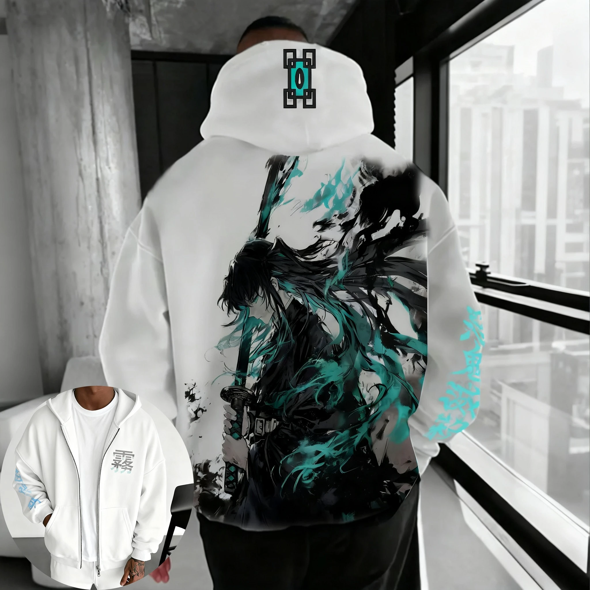 Bluza z kapturem na zamek Demon Slayer Anime, kolekcja jesień/zima, z nadrukiem Tokitou Muichirou, luźny krój, styl amerykański hip-hop.