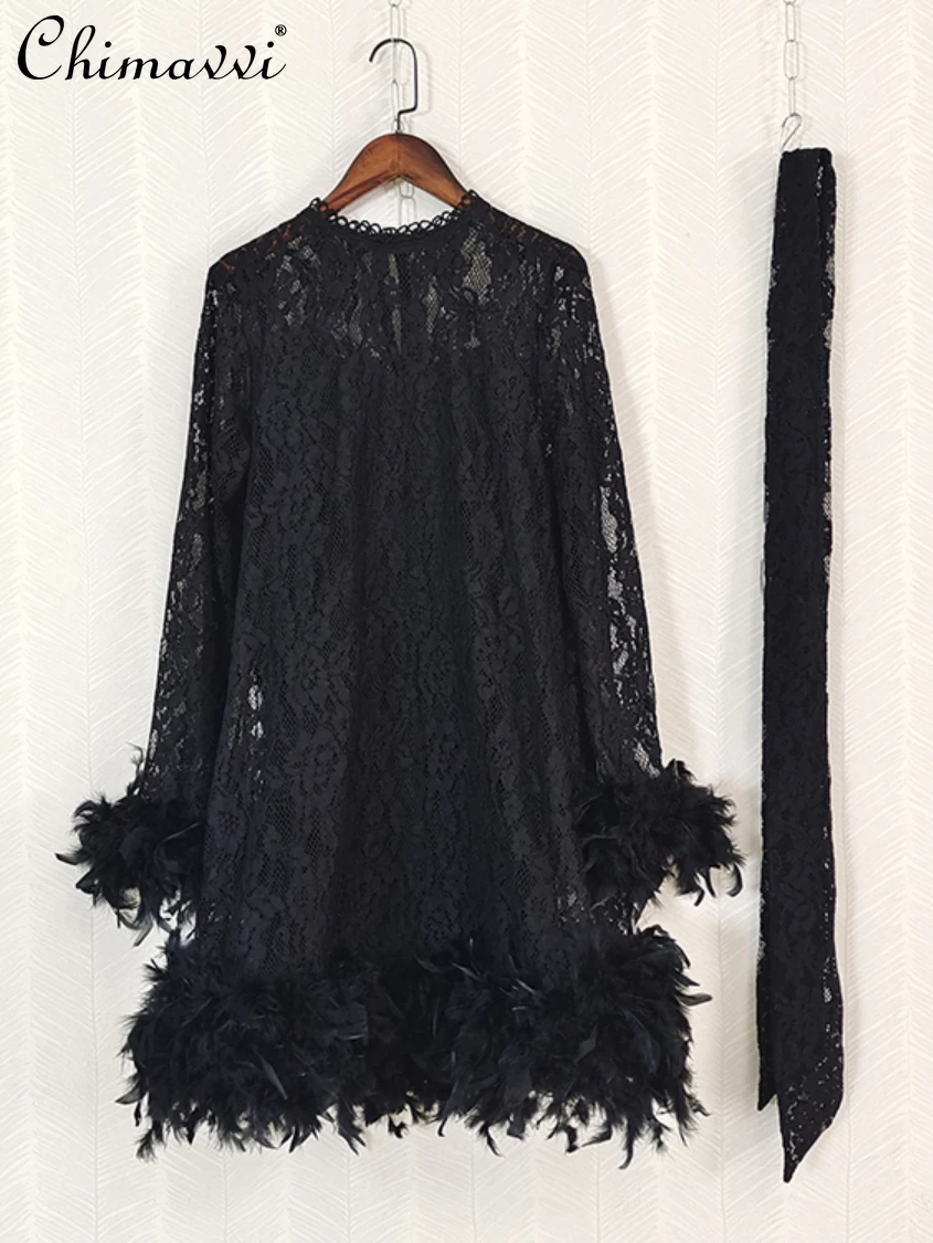 

Black Loose Dress 2024 Spring Autumn Women's Fashion Vintage Lace Embroidered Long Sleeve Stitching Feather Lace-up Waist Dress