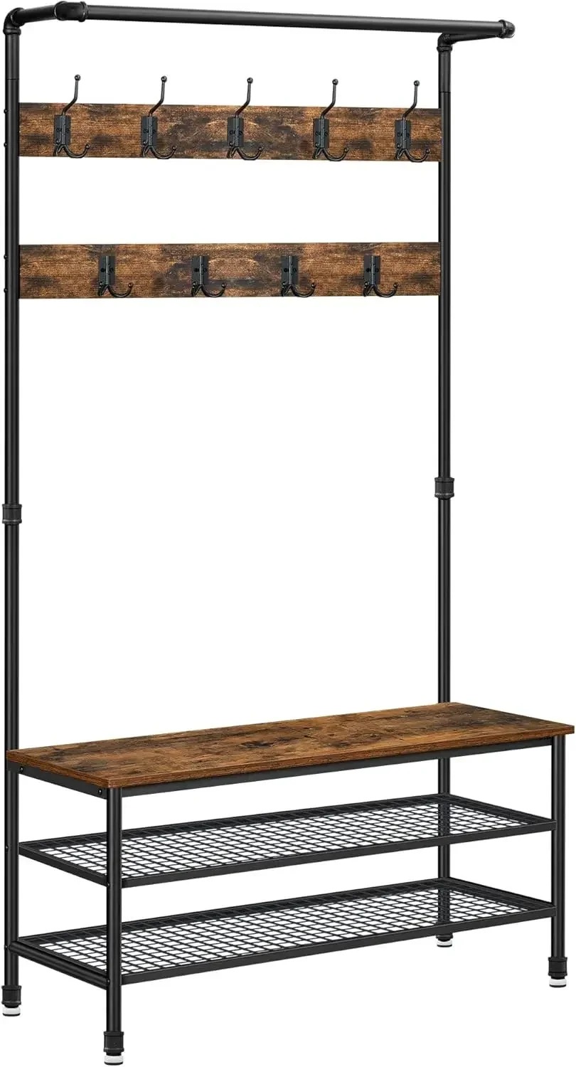 DAINTREE 3-in-1 Entryway Coat Rack and Storage Bench, Pipe Style Hall Tree with 9 Hooks, Multifunctional, Sturdy Steel Frame