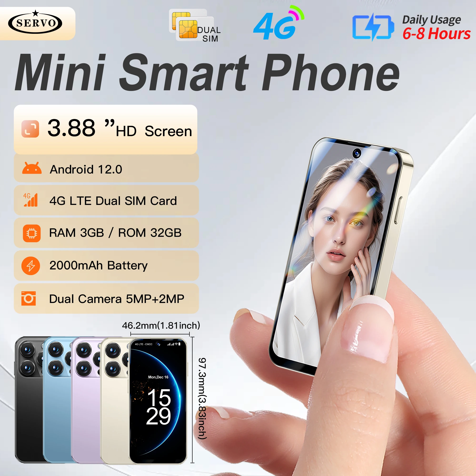 SERVO Mini Smartphone 3GB+32GB 3.88-inch High-Definition Screen Android 12.0 Dual SIM 4G Facial Recognition Small Mobile Phone