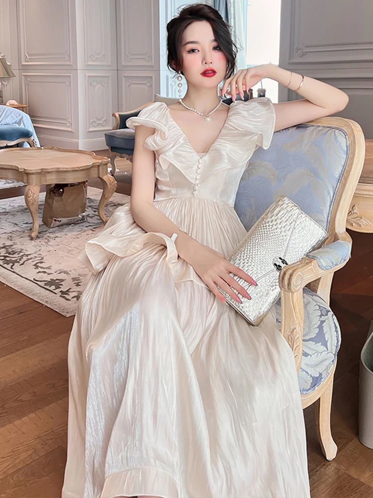 2023 Summer Dresses for Women Elegant Satin Butterfly Sleeve High Waist Ruffles A-line Maxi Robe Feminine Party Birthday Vestido