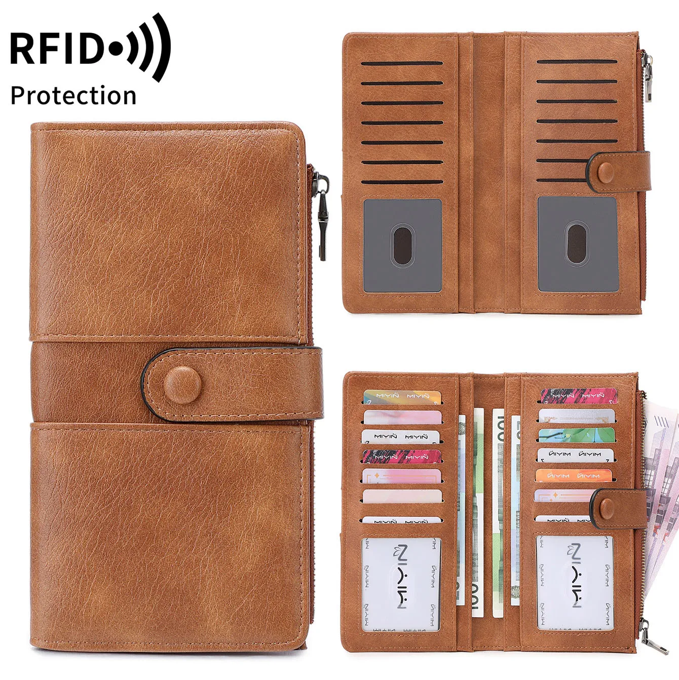 Western RFID Blocking PU Leather Long Women Wallet Multi-cards Large Capacity Coin Purse for Ladies