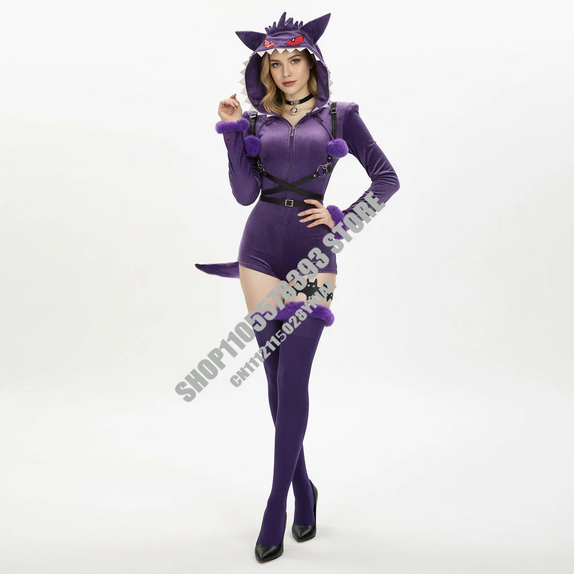 

Anime Cosplay Costume Gengar Sexy Suit Bunny Jumpsuit Hooded Bodysuit Tail Socks Full set Nice Stitching women Role Play Party