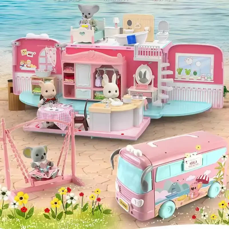 DIY Forests Animals Bus Dollhouse Playset Simulation Caravan Camper Car Toy Families Cottage Miniature Furniture Birthday Gifts