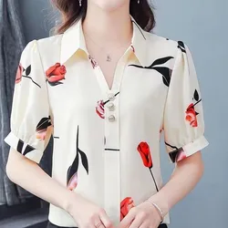 Summer New Chiffon Printing All-match Blouse Polo Neck Short Sleeve Loose Plus Size Shirt Tops Elegant Fashion Women Clothing