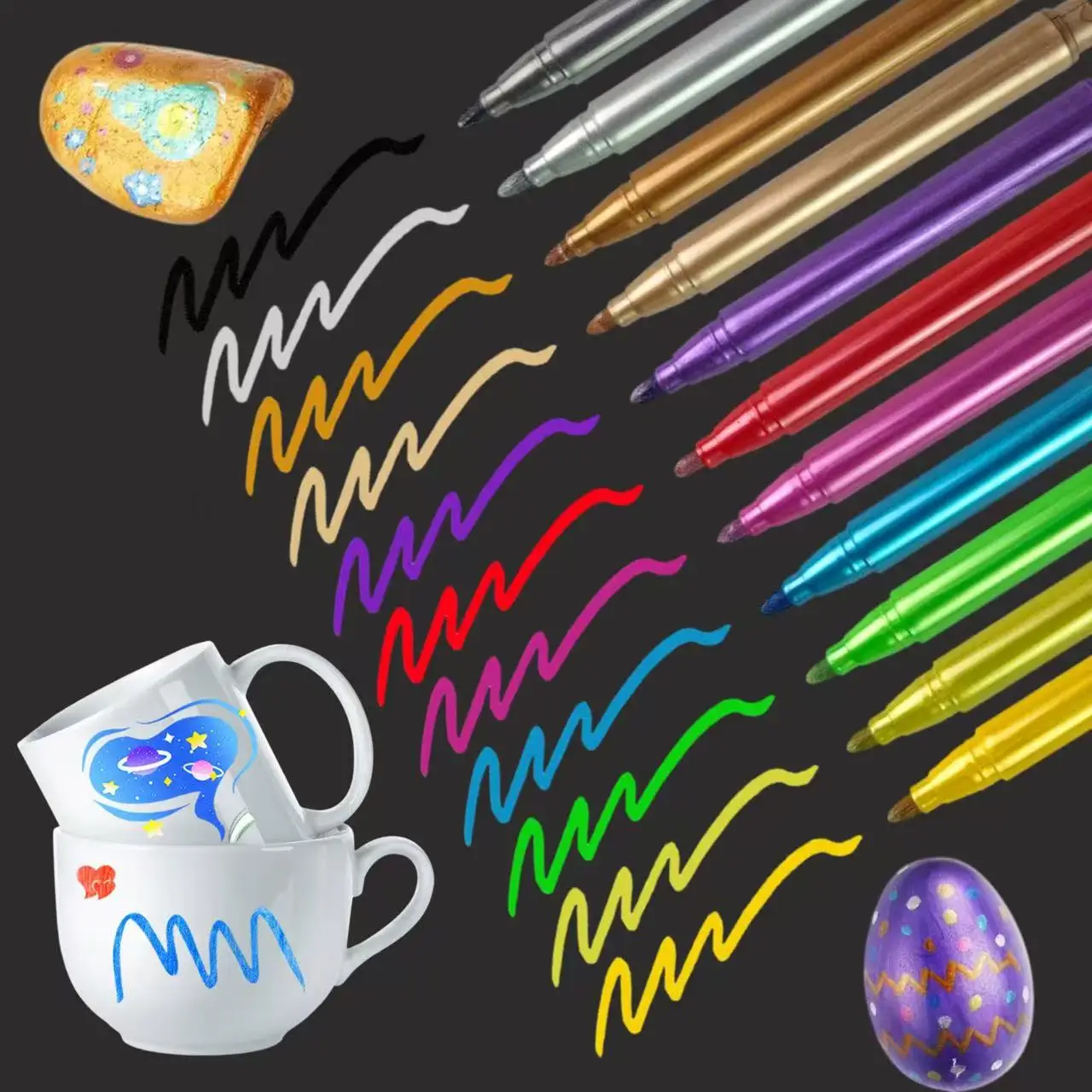 12PCS Fine Tip Metallic Pens – Erasable & Quick-Dry, for Bottle Art, Ceramic Mugs, Glass & Plastic DIY Projects