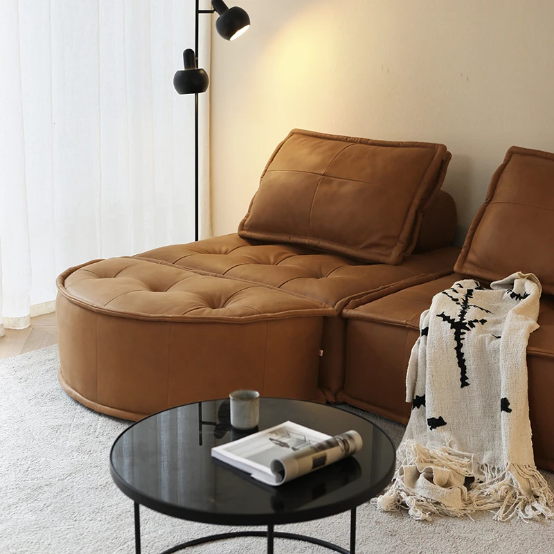 

Nordic expression vintage leather sofa combination module tofu block