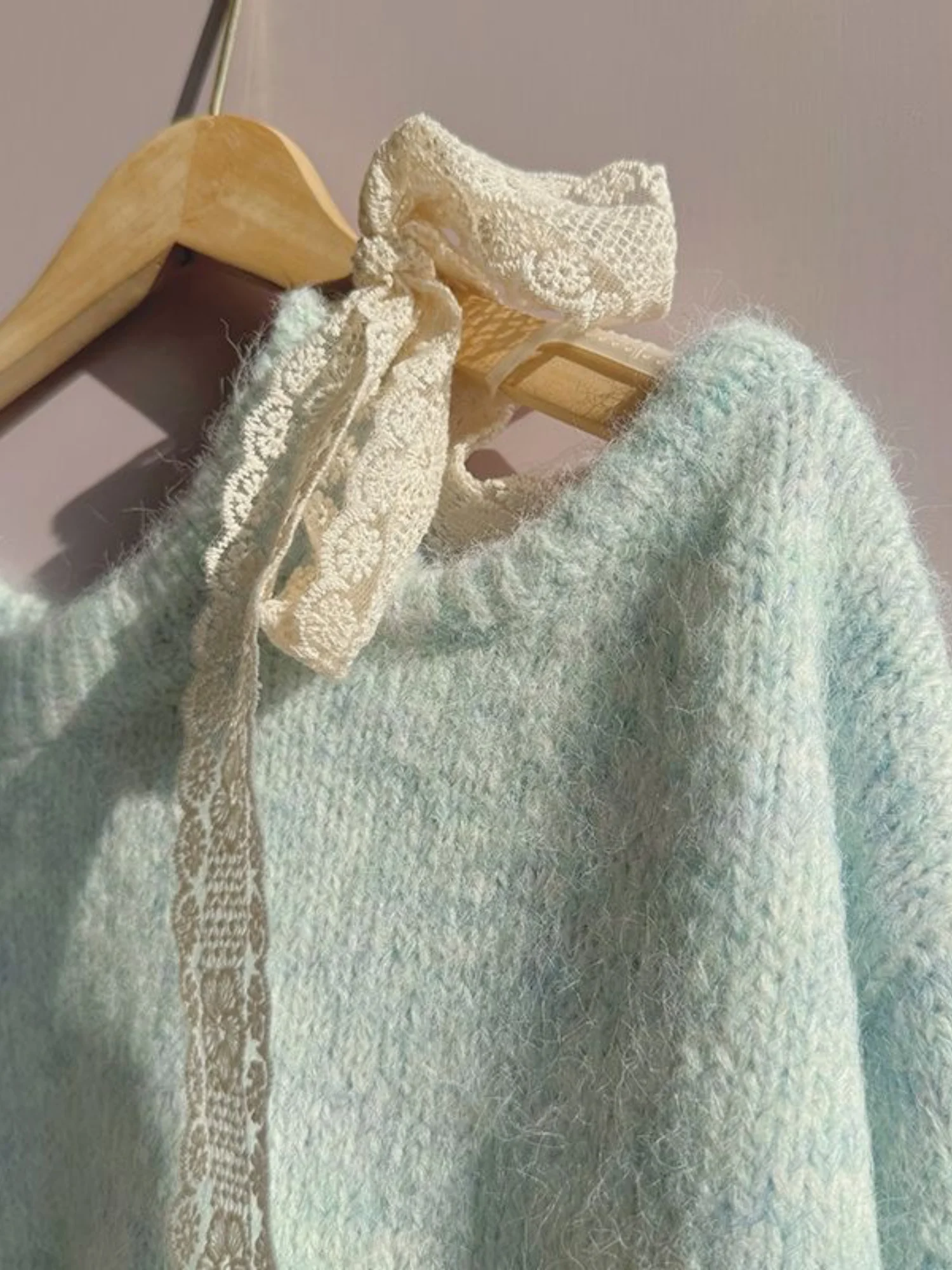 سترة نسائية محبوكة ناعمة مرقعة من الدانتيل، بلوزة فضفاضة ولطيفة باللون الأزرق الفاتح، مناسبة للربيع والخريف والشتاء للارتداء اليومي/التنقل/التسوق/ملابس الحفلات ذات الطراز الجميل #3