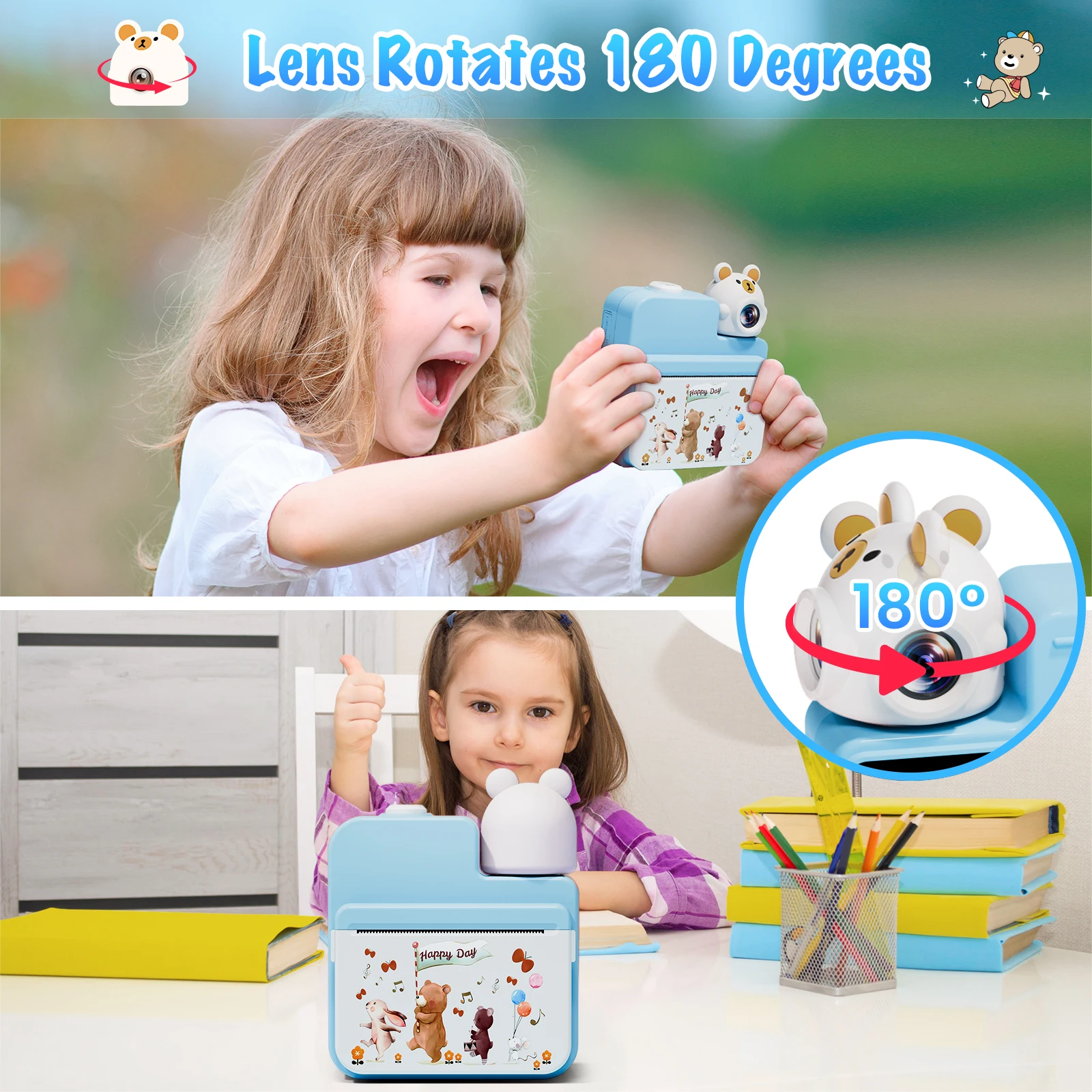 Caméra pour enfants à impression instantanée, appareil photo instantané pour enfants de 3,0 pouces avec carte 32G et 3 papiers d'impression, appareil photo numérique HD 1080P pour enfants de 6 à 12 ans