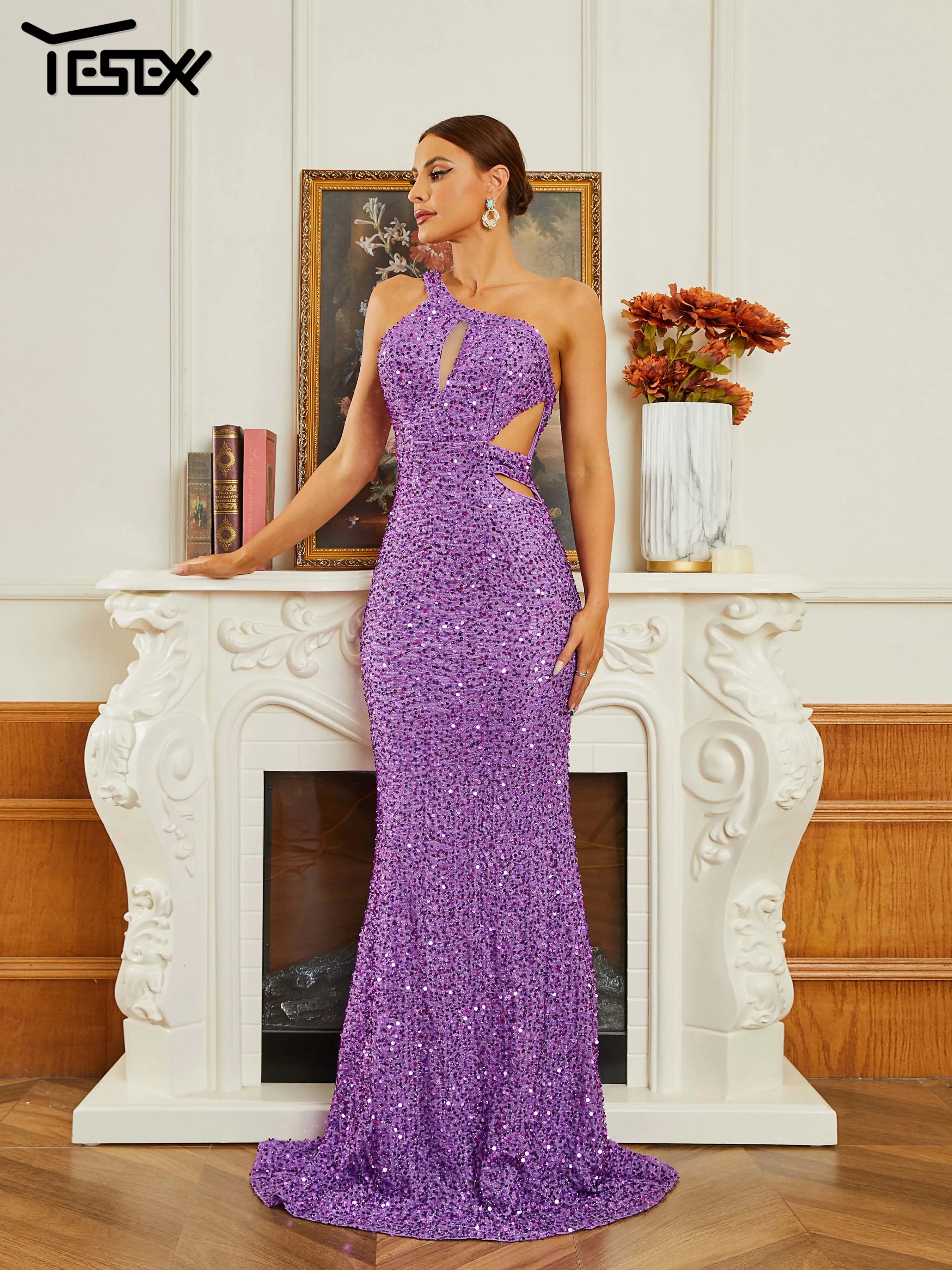 Yesexy New Purple Asymmetric Wedding Birthday Party Prom Dress Sequin Mermaid Evening Floor Length Dress