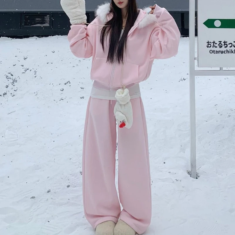 Autumn American Y2k Tracksuit Women's Pink Fleece-lined Hooded Short Jackets with High Waist Loose Sweatpants Thick 2 Piece Sets