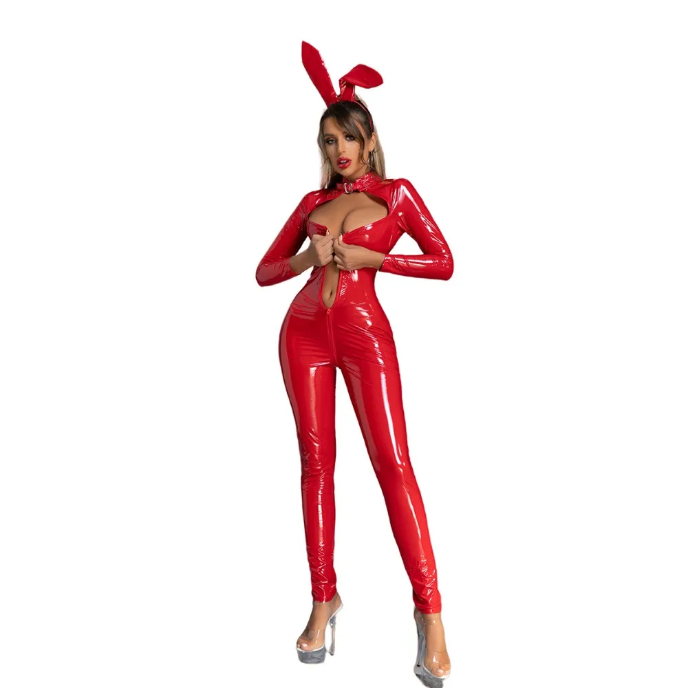 

Women’s Gothic PU Leather Bodysuit: Turtleneck Long Sleeve Hollow Out Zipper Open Crotch Erotic Jumpsuit