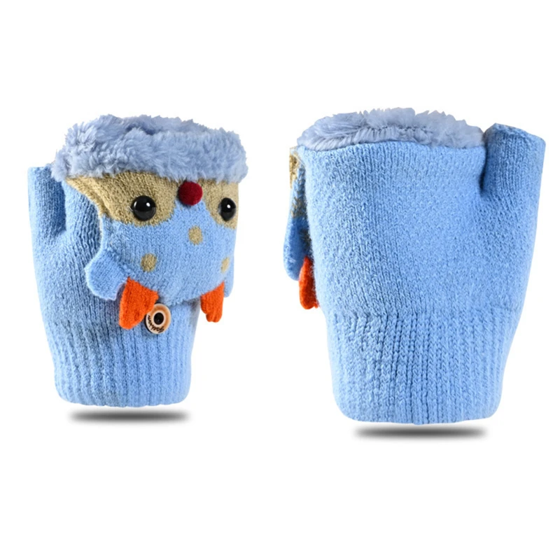 Children Gloves Christmas Cute Winter Cartoon Elk Flip Half-Finger Mittens For Girl Boy Kids Warm Plush Lined Fingerless Gloves