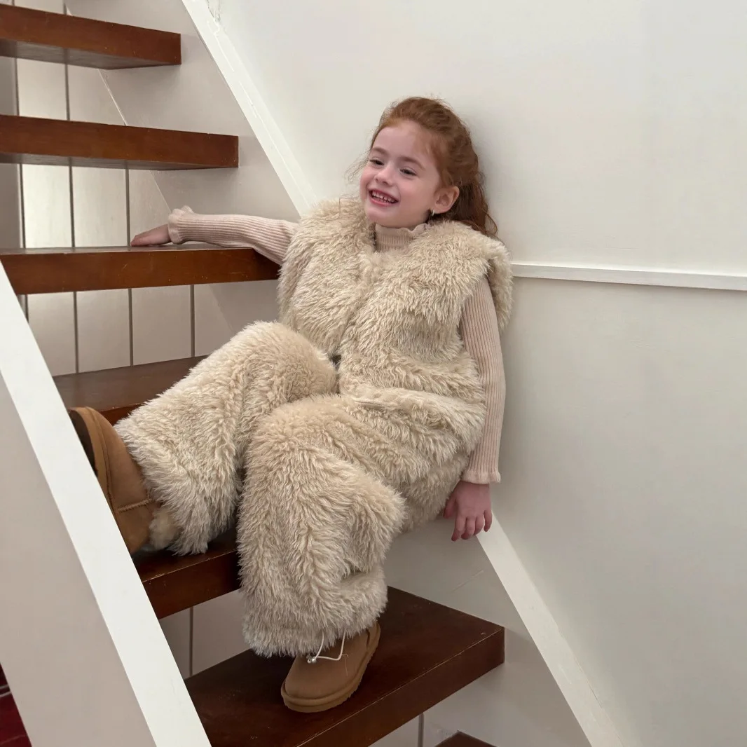 

New Winter Toddler Girls Two-piece Set Solid Color Thicken Kids Girls Faux Fur Vest Coat+casual Versatile Infant Girl Warm Pant