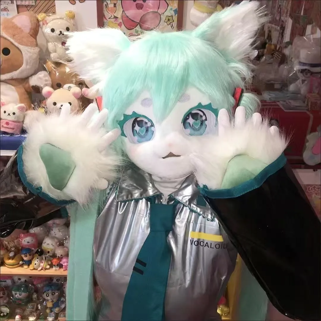 Máscara peluda de Cosplay de Miku, disfraz de cabeza de Kigurumi, máscara de cabeza de Kig de gato, auriculares, disfraz de Animal para fiesta, accesorio de actuación, regalo para niños