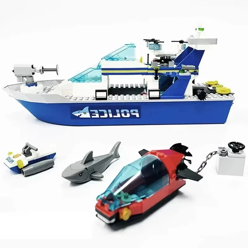 Conjuntos de ladrillos compatibles serie City, bloques de construcción, barco de patrulla policial, barco flotante, UAV marino, juguetes para niños, regalos 60277