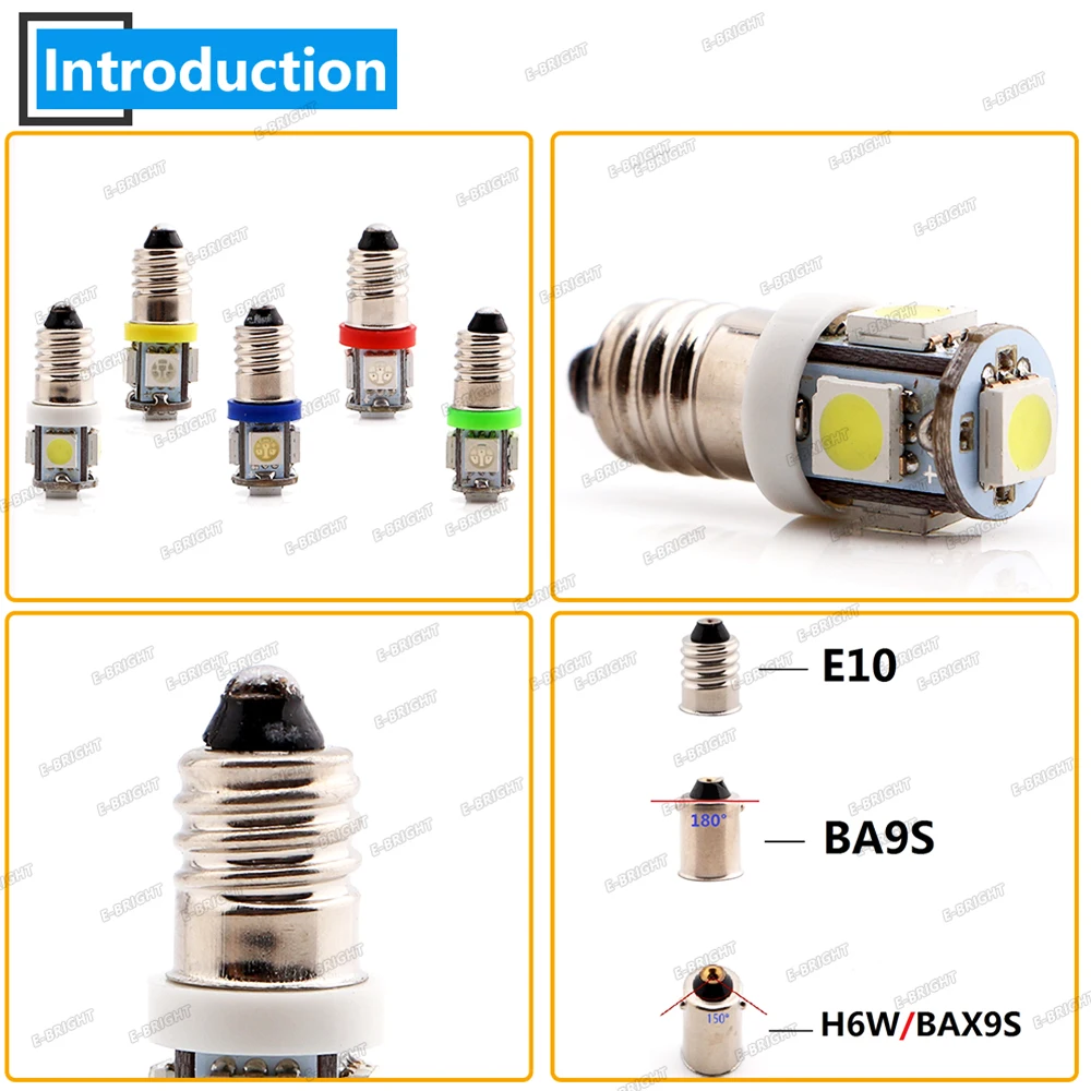 E10 Flashlight 10PCS DC 6V 6.3V 5050 5 SMD E10 LED Light Bulb Old Pinball Game Car Light Warm White Blue Red Amber Green Pink