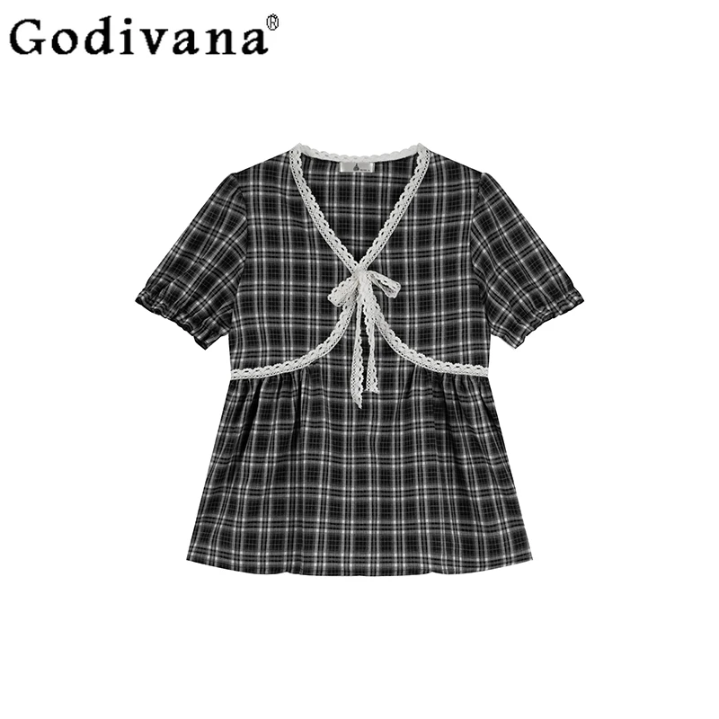 

Large Size Summer New Fashion Lace Plaid Short Sleeve Shirt Japanese Sweet Versatile V-neck Lace-up Versatile Age-reducing Top