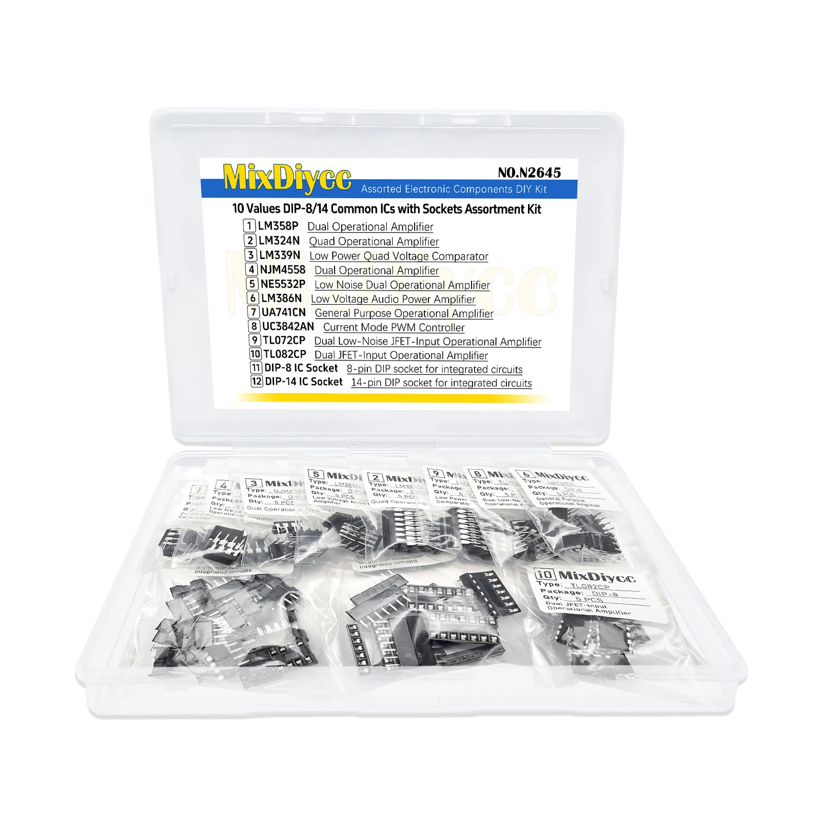 12 Values DIP-8/-14 kit LM358P LM324N LM339N NJM4558D NE5532P LM386N UA741CN UC3842AN TL072CP TL082CP IC Socket Total 80 Pcs