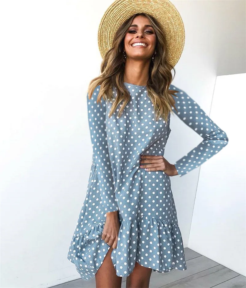 

Harajuku Women Spring Dress Fashion Polka Dot Print Ladies Casual Clothing Long Sleeve Mini Short Loose Blue Dresses Nice Autumn