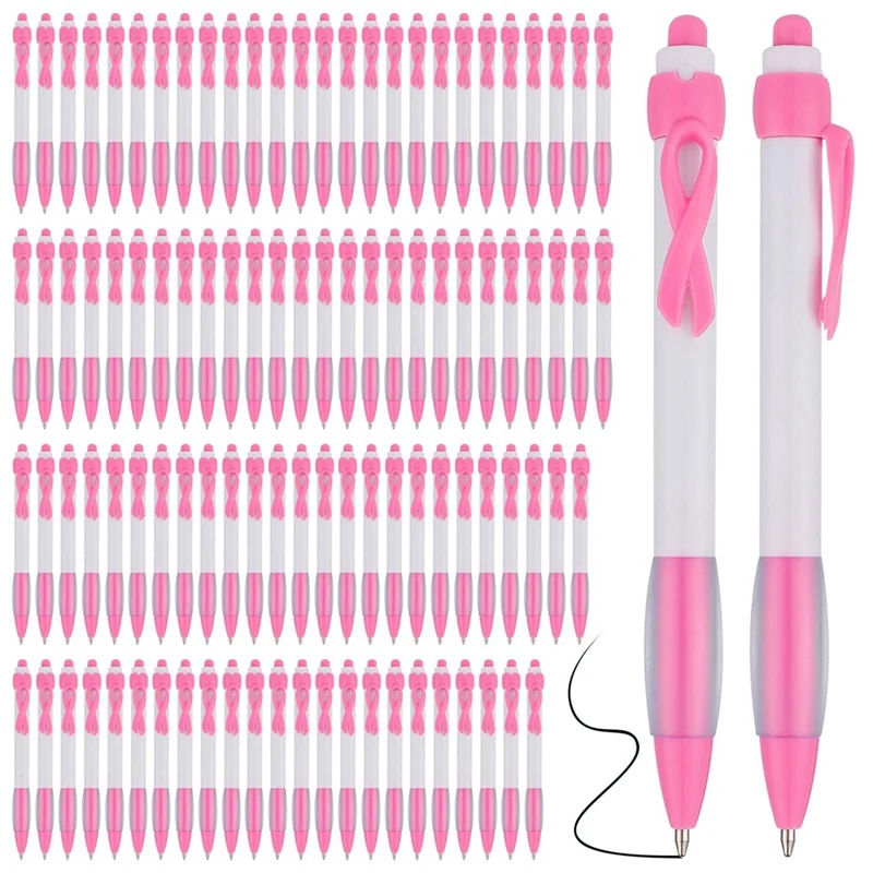 

100Pcs Pink Ribbon Pens Bulk, Black Ink Retractable Ballpoint Pens For Office Supply Women Girls Gift Durable Easy To Use Pink