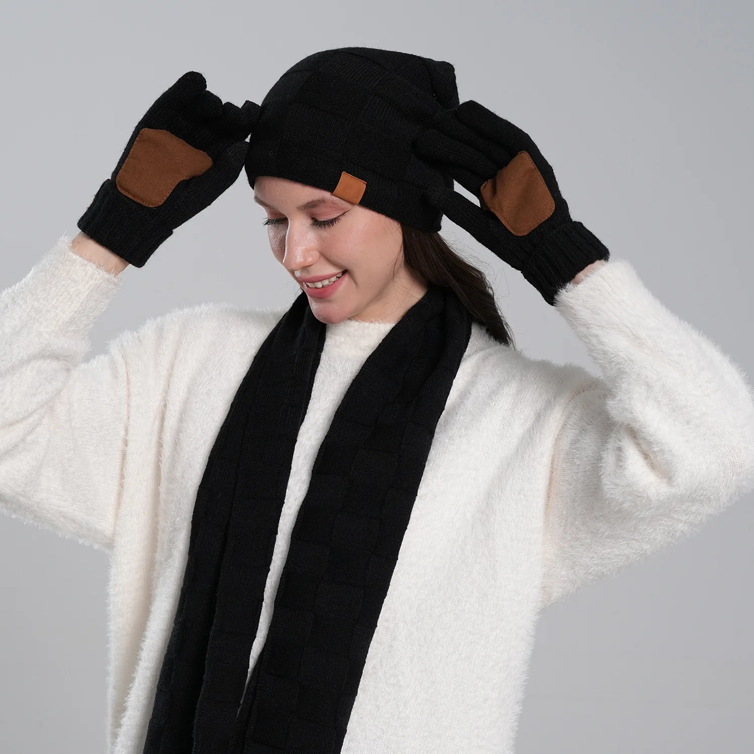 Winter Knitted Hat Scarf Touchscreen Gloves 3 Piece Set for Adult Men and Women Unisex Accessories