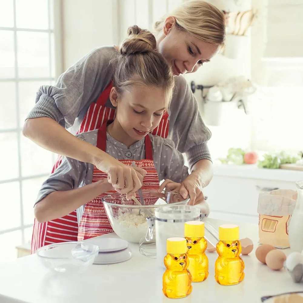 2 oz Plastic Bear Bottle Shape Clear Honey Containers Empty Dispenser with Yellow Lid Honey Jars Cup