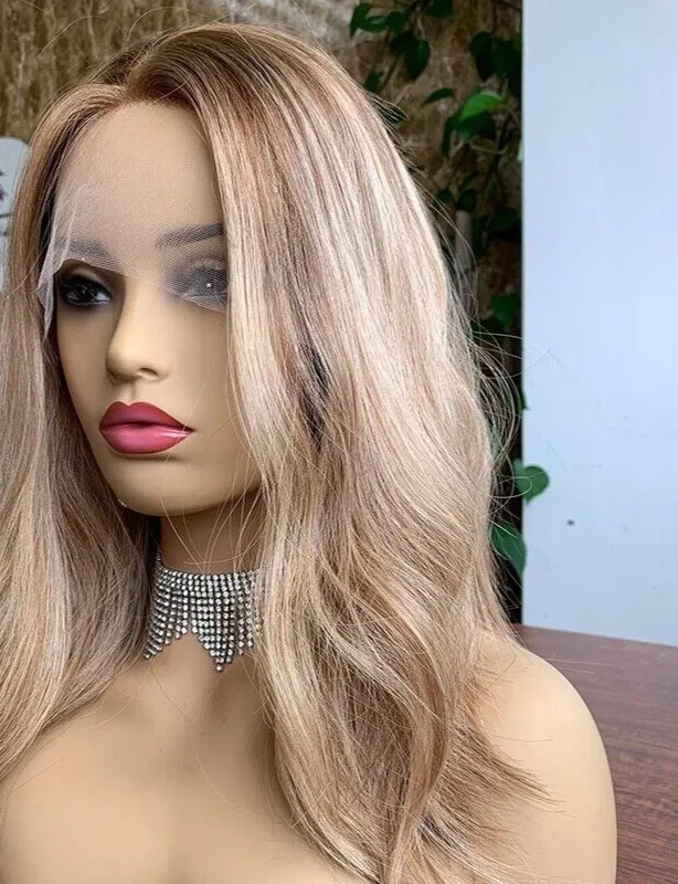 

honey blonde with showed root wavy curly lace front EuropeanWig