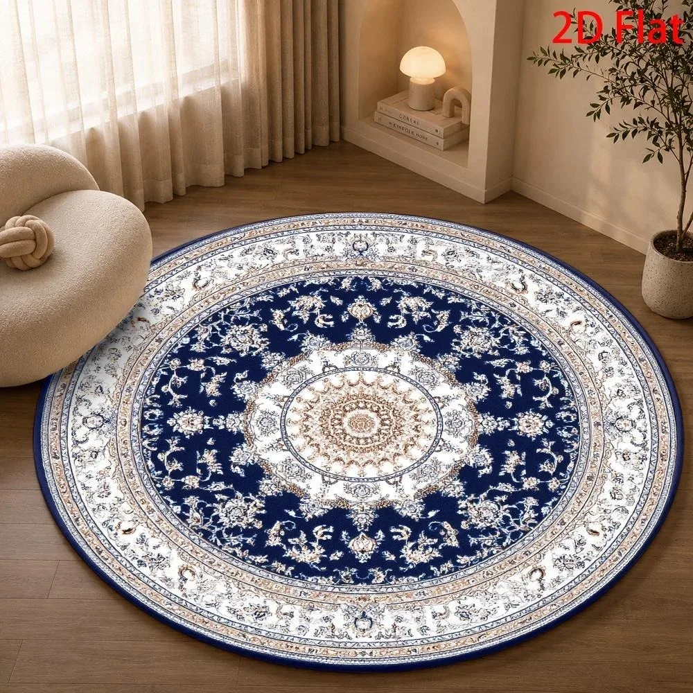 Luxurious Navy Blue Gold Intricate Medallion Round Area Rug Non Slip Floor Mat For Elegant Vintage Style Living Room Decor Gift