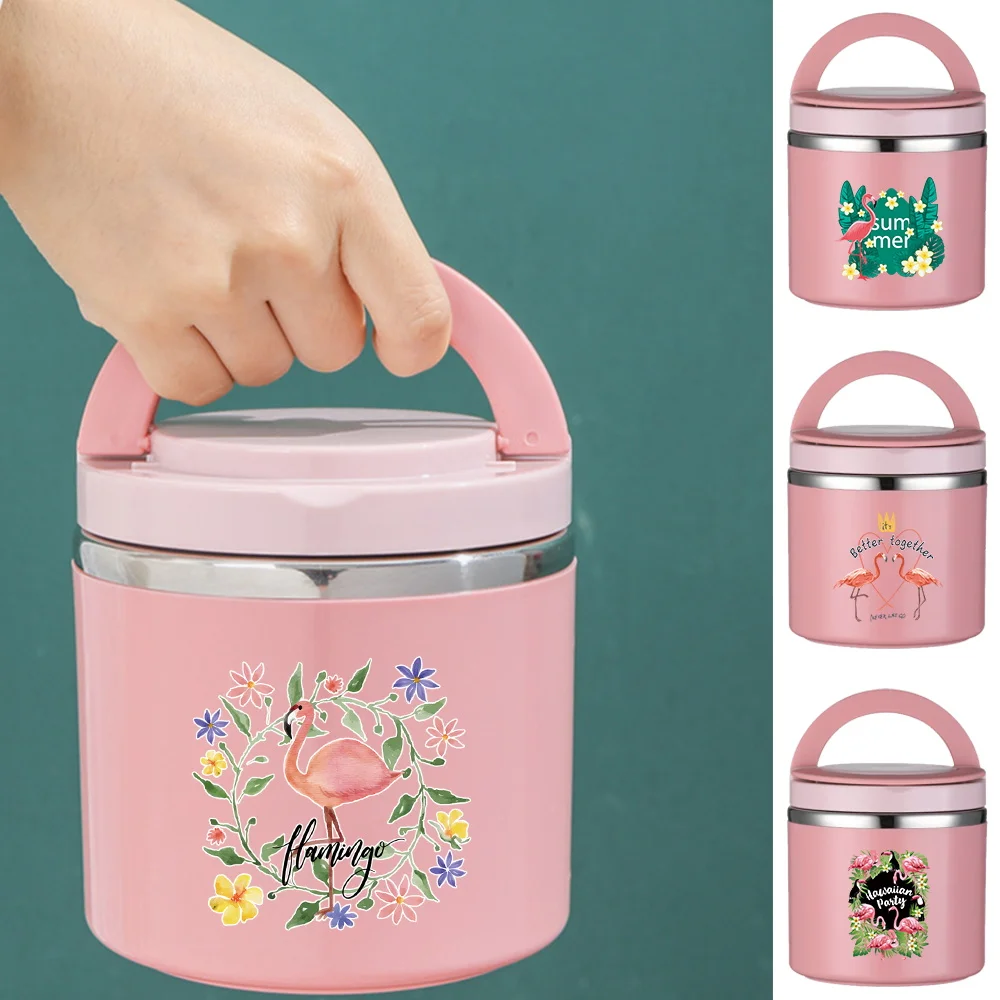 Lonchera Térmica Pequeña con Diseño de Flamencos, Fácil de Transportar, para Niños, Estudiantes y Trabajadores, con Taza para Sopa, Ideal para Picnic