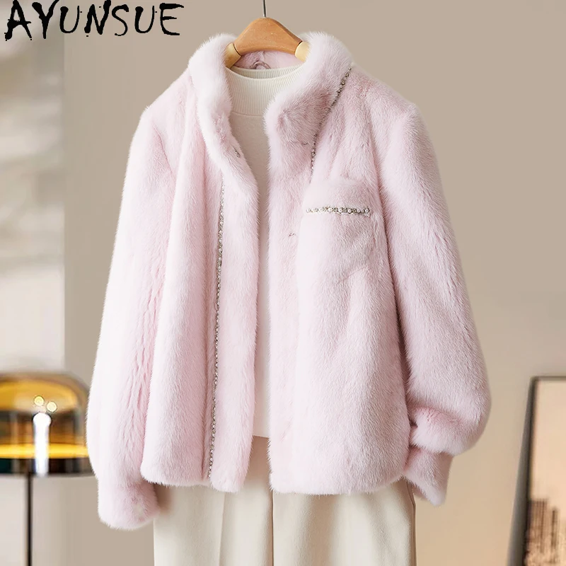 AYUNSUE 밍크 퍼 코트 여성용 2025 핑크 겨울 의류 여성용 고품질 코트 여성 패션 펠츠만텔