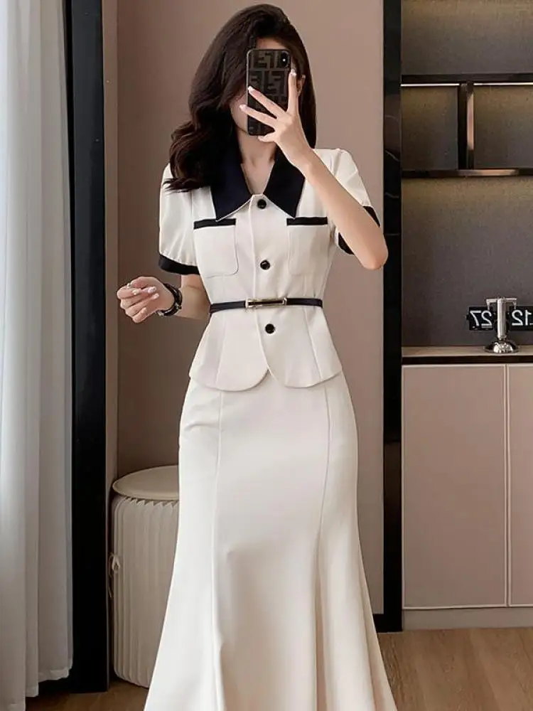 Conjunto elegante de 2 piezas para mujer, Blazer de retazos negro Vintage + falda de cola de pez de cintura alta, traje de ropa Y2k de moda coreana, novedad de verano