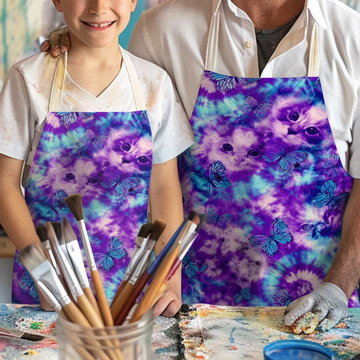 Cute Cat & Butterfly Pattern Polyester Apron - Stylish Cooking & Art Craft Apron for Home Studio and Daily Use  Kids Aprons BIB