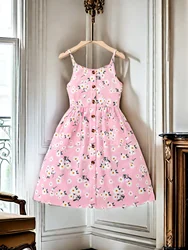 Girls sweet pink floral dress - fresh daisy pattern, cute suspender design
