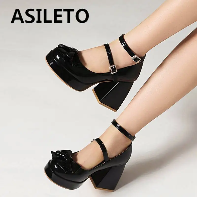 

Бренд ASILETO, Woen туфли-лодочки с круглым носком, блочный каблук, Платформа 9 см, двойная Пряжка, ремешок, бант, большой размер 45 46, милая обувь для девушек для свиданий