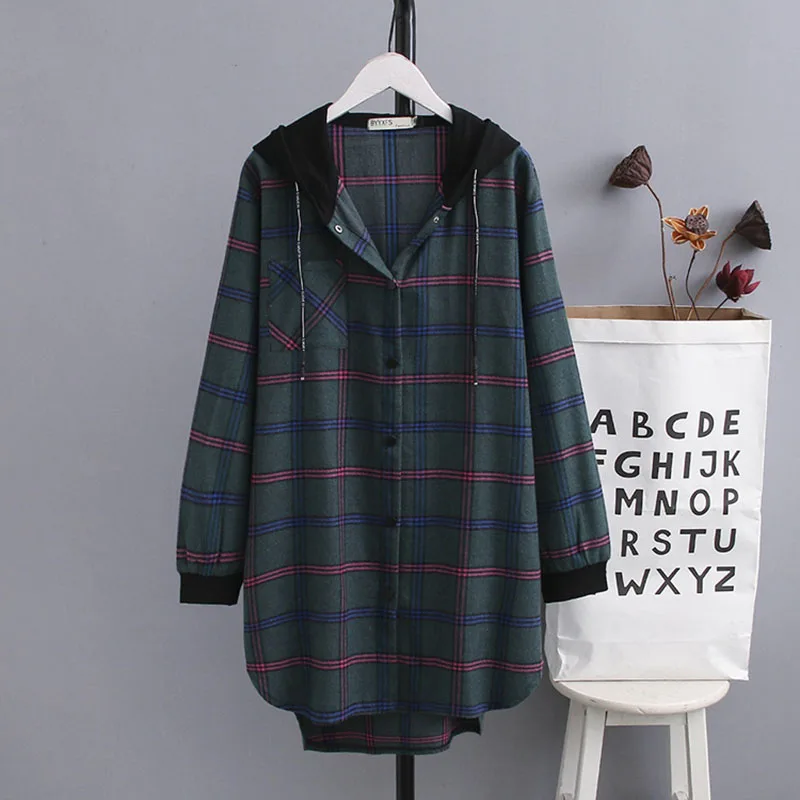 Autumn new plus size hooded casual shirt 5XL women's pocket single-breasted fashion plaid hooded plaid shirt