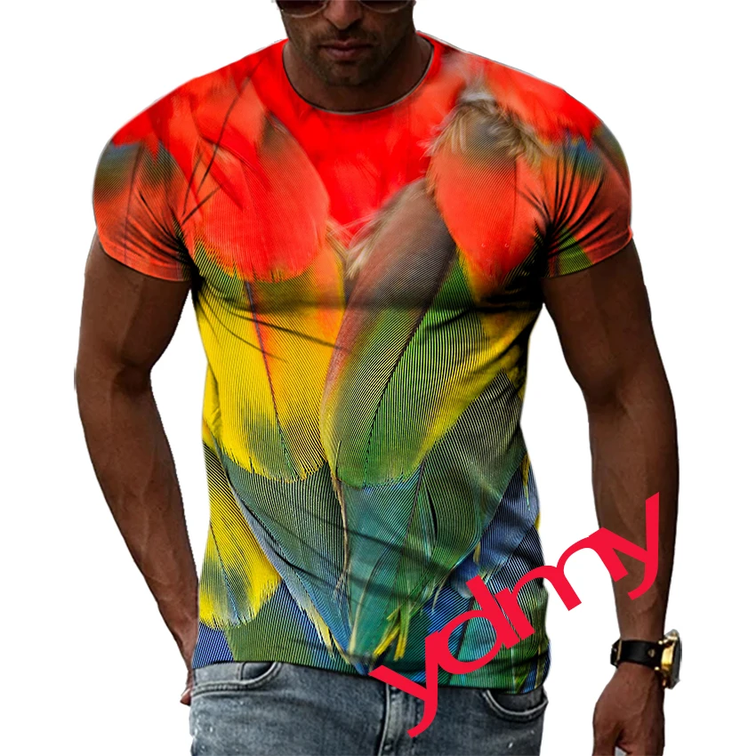 Summer Leisure Colored Feather Pattern Men's T-shirt Hip Hop 3D Print Personality  Rod Neck Short Sleeve Tops Fashion Clothes