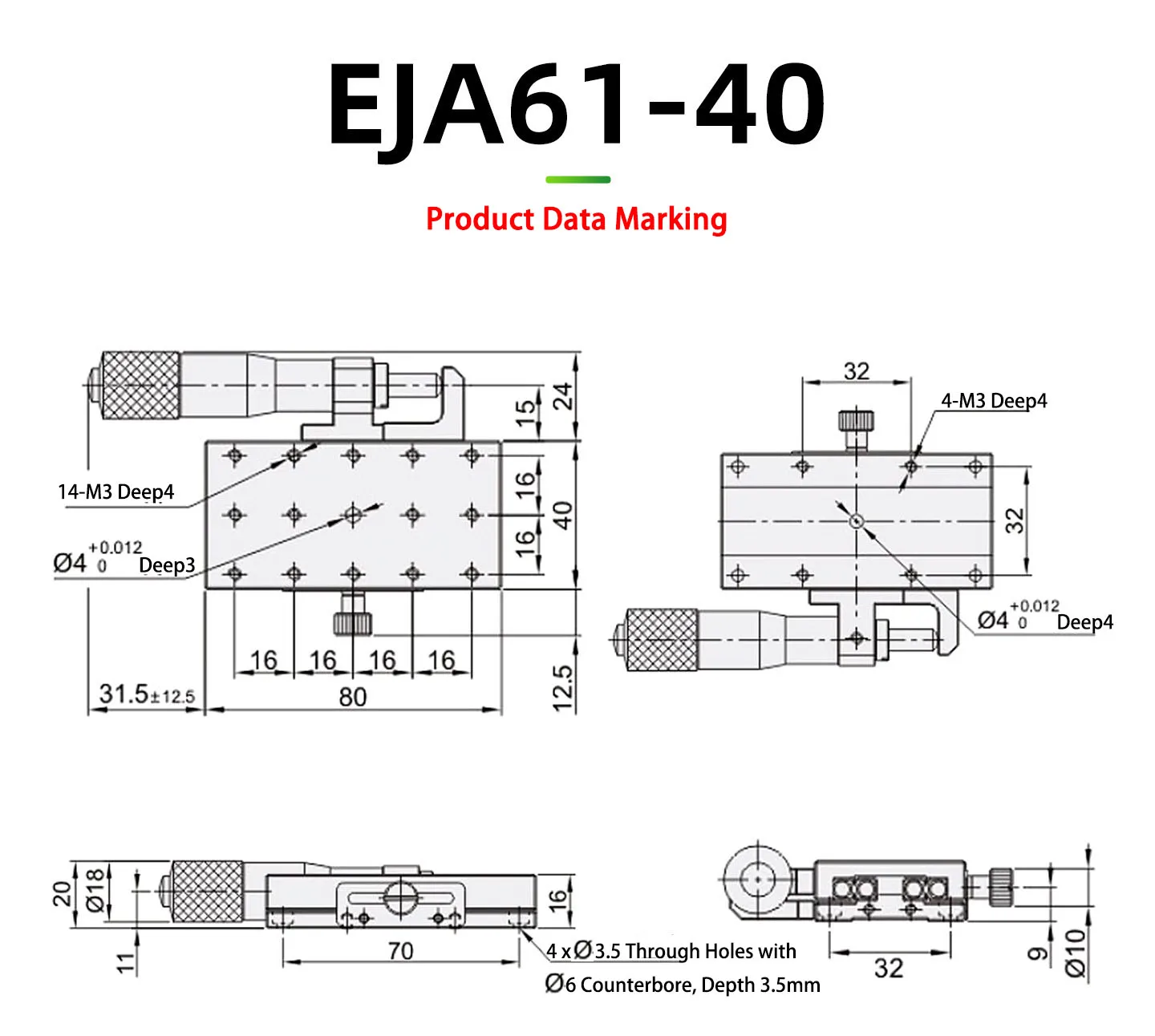 XSGL40/60 X-Axis Stainless Steel Linear Ball-Bearing Stage With Manual Fine Adjustment (EJA61-40/60)