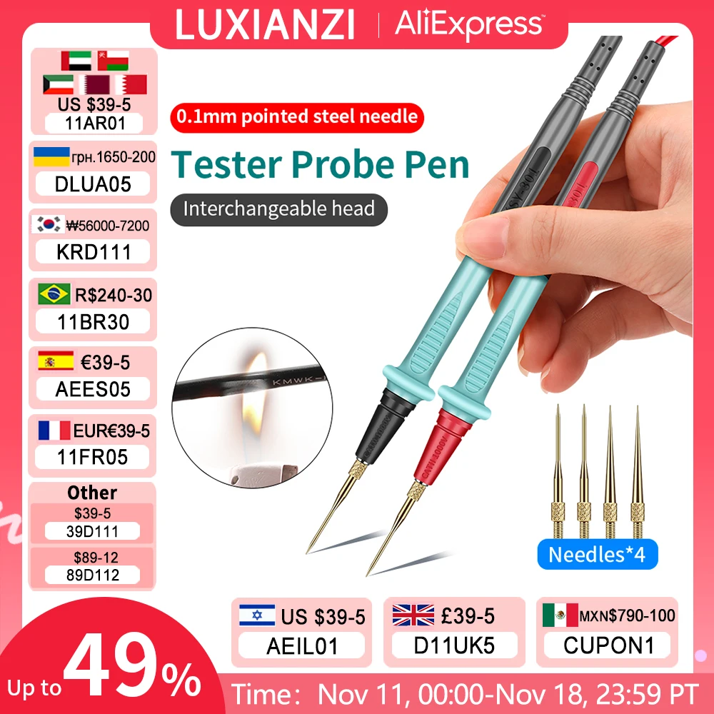 Luxianzi Caneta Multímetro de Conjunto de Pontas de Teste de Silicone Sonda Banhada a Ouro Substituível de 0.1 mm para Multímetro Digital Aço Inoxidável