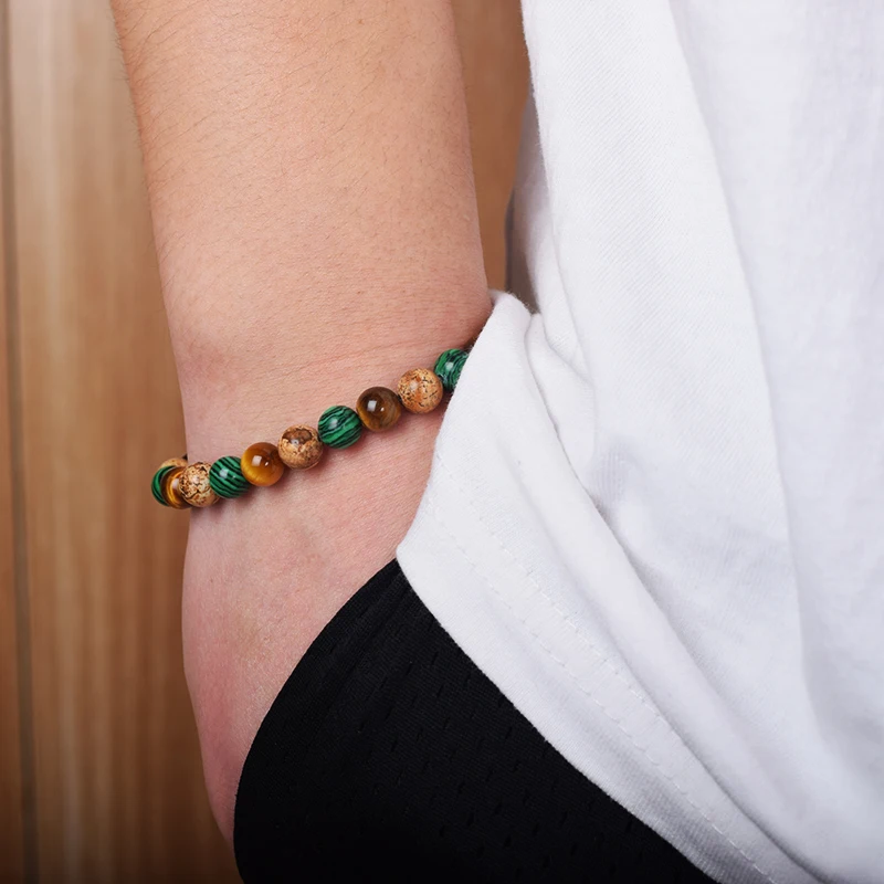 Natural Stone Bead Bracelet Man Women Triple Protection Reiki Jewelry Tiger Eye Howlite Malachite Couple Bracelet Homme Gift