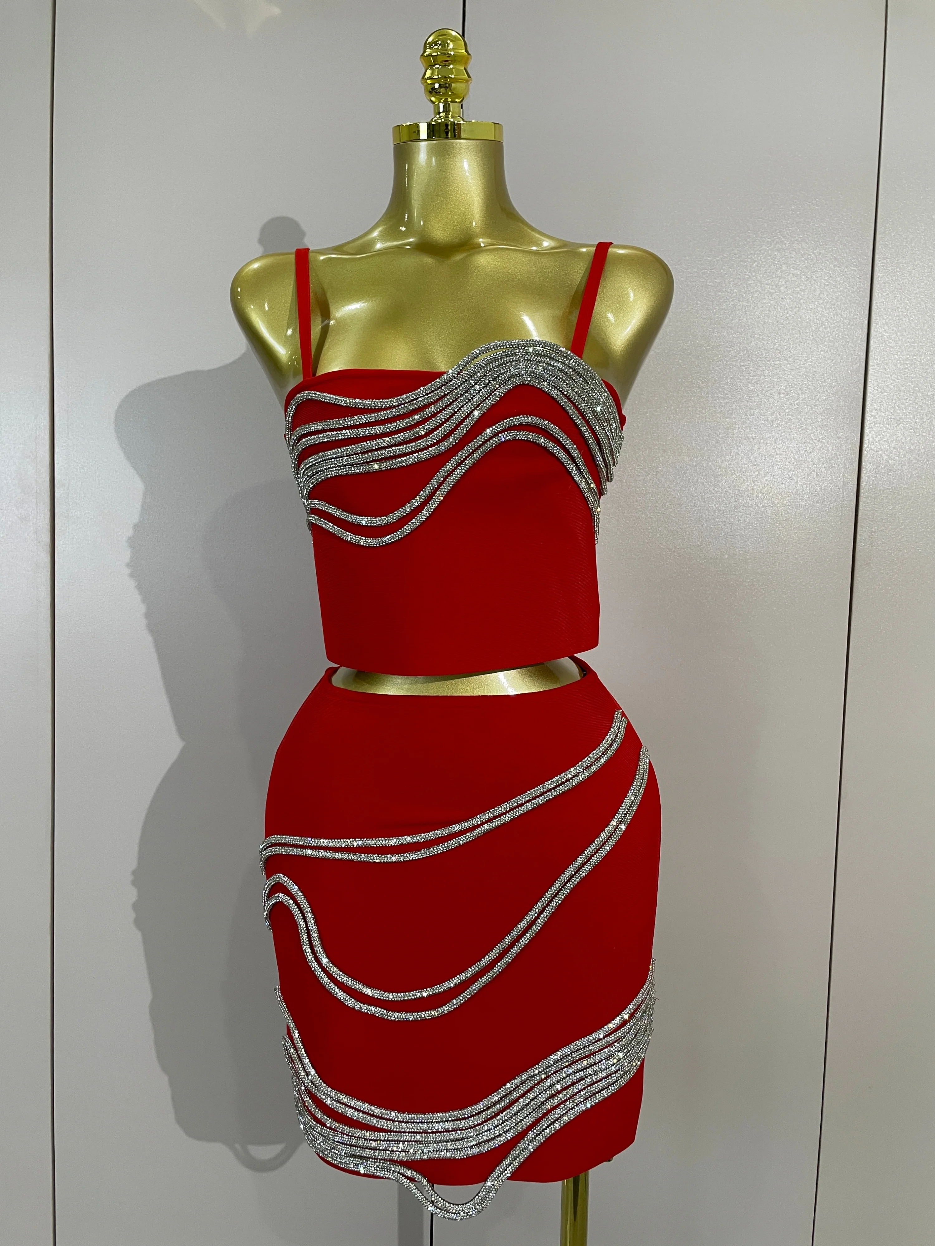 Elegant Diamond Chain Sexy Sleeveless Bandage Mini Dress Two Piece Set Women Celebrity Eveing Party Prom Birthday Club Dress