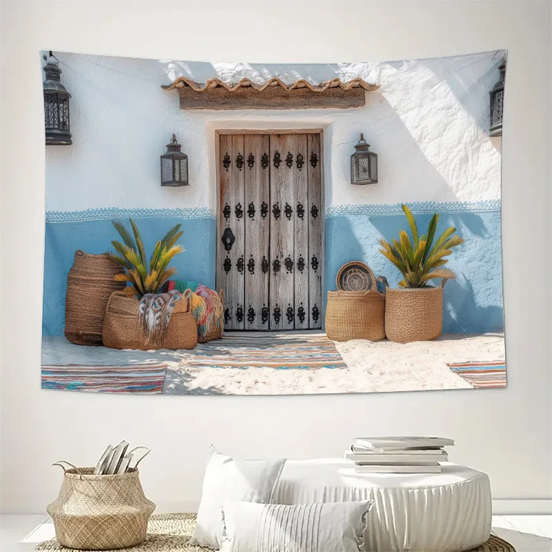 Boho Mediterranean Tapestry Wall Hanging Moroccan Style Rustic Coastal Home Decor Art Tropical Mural Print Tapestry Wall Decor