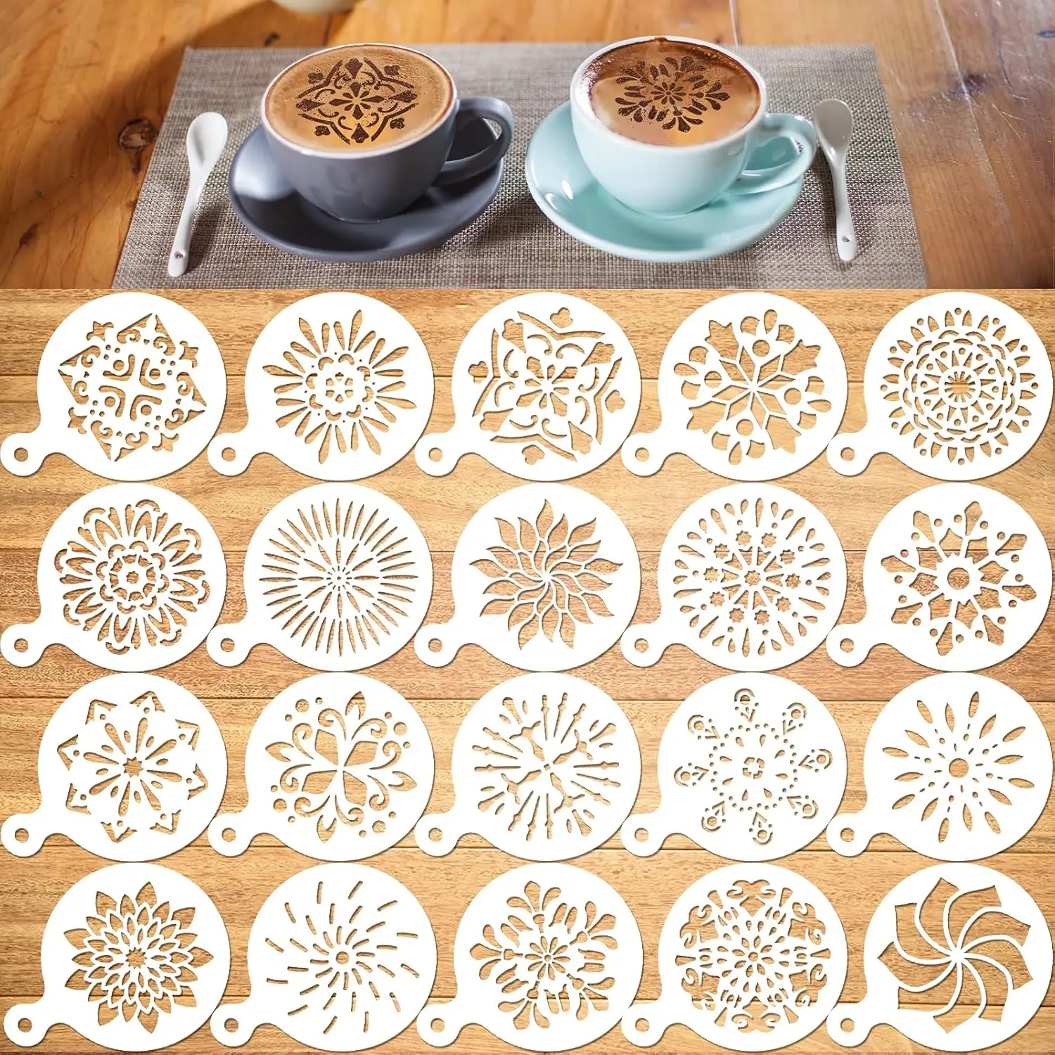 20Pcs Floral Mandala Coffee Latte Stencils, Round PET Template for Cappuccino Cocoa Powder Art & Coffee Surface Decoration